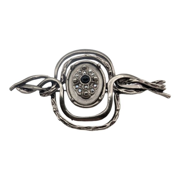 Handcrafted Twisted Metal Brooch With Ornate Centerpiece Silver Tone Statement - Picture 1 of 9